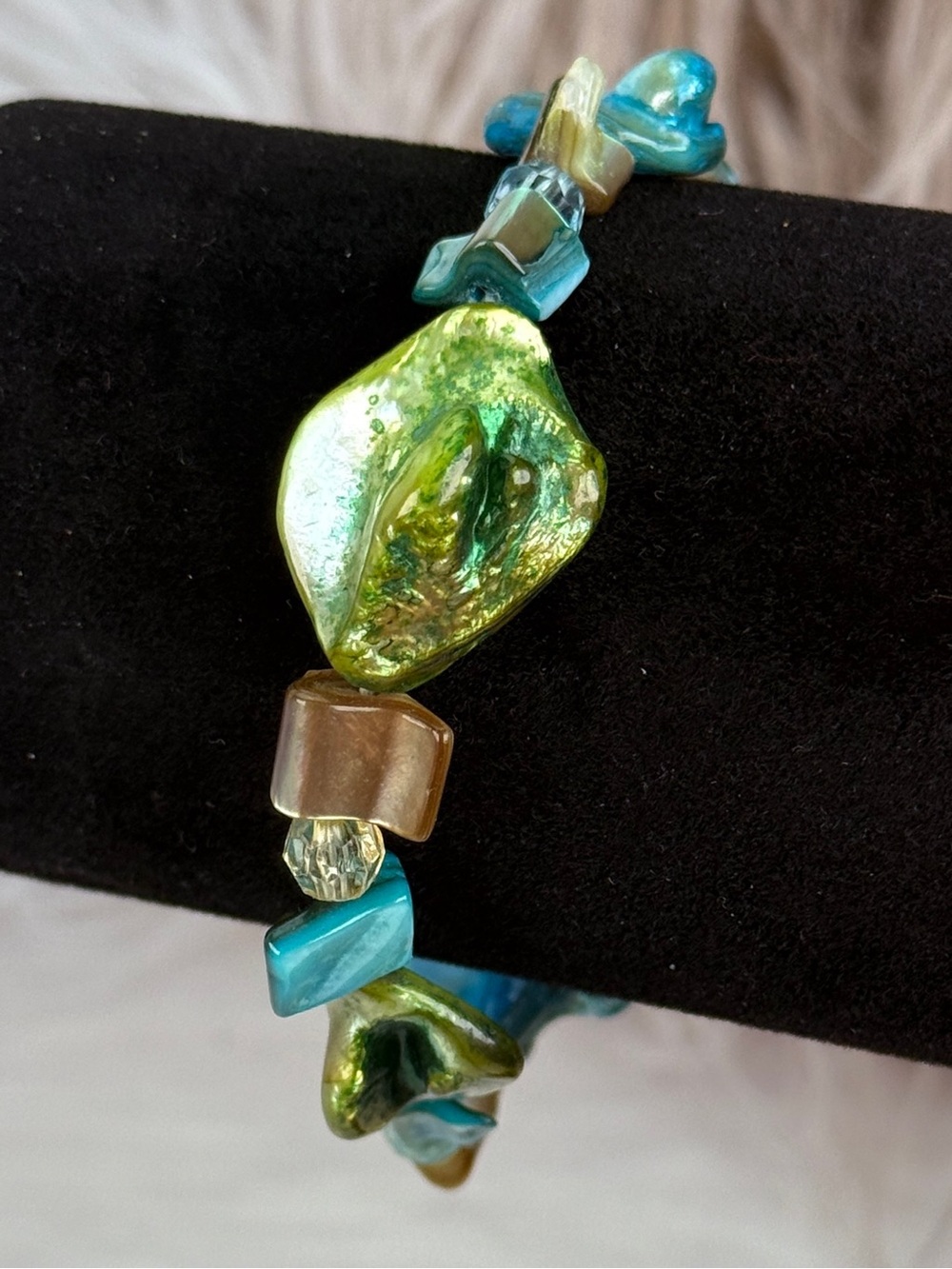 Vintage Green Aqua Iridescent Chunky Bead Stretch Bracelet